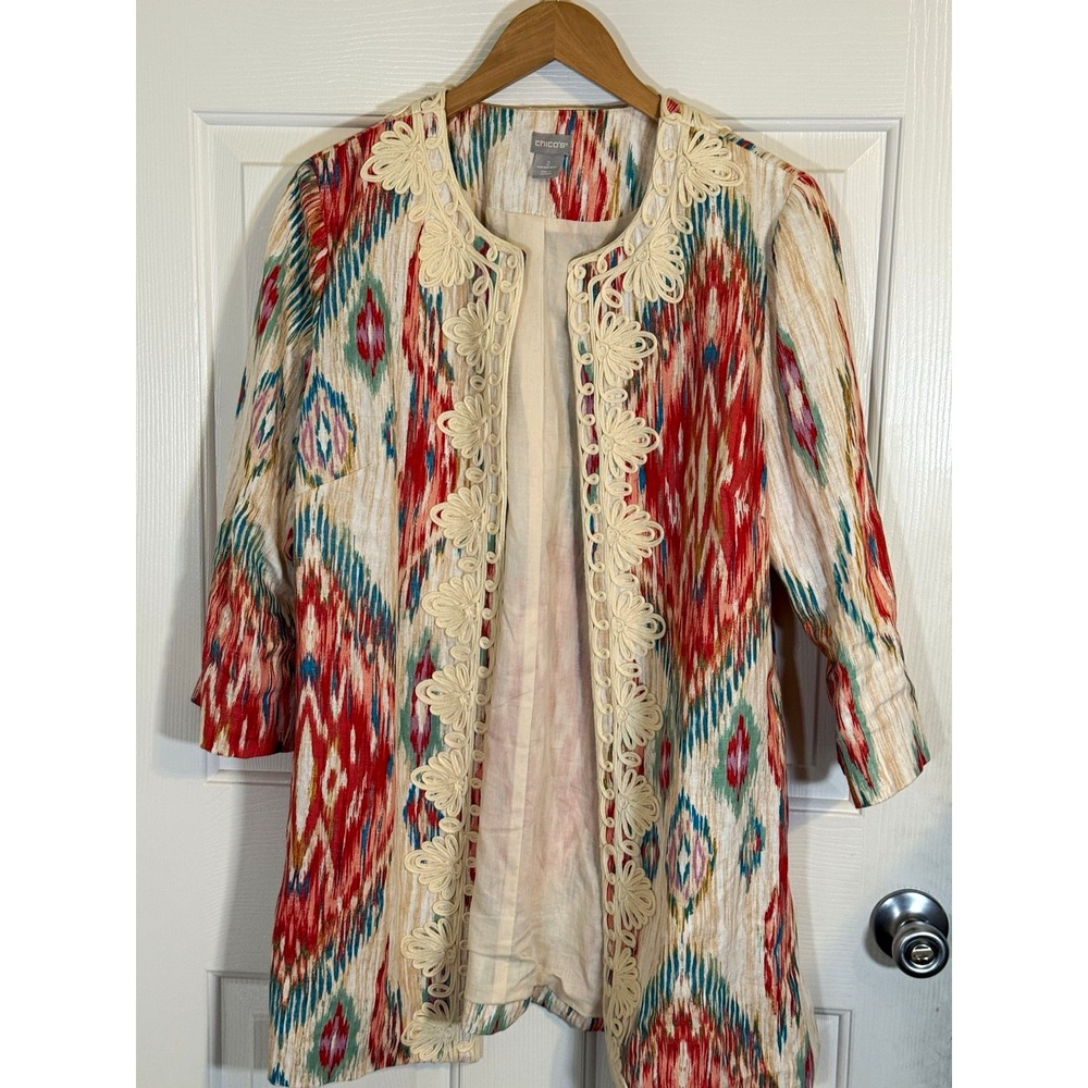 Chico's Multicolor Boho 100% Linen Long Jacket Lined 3/4 Sleeve Size large